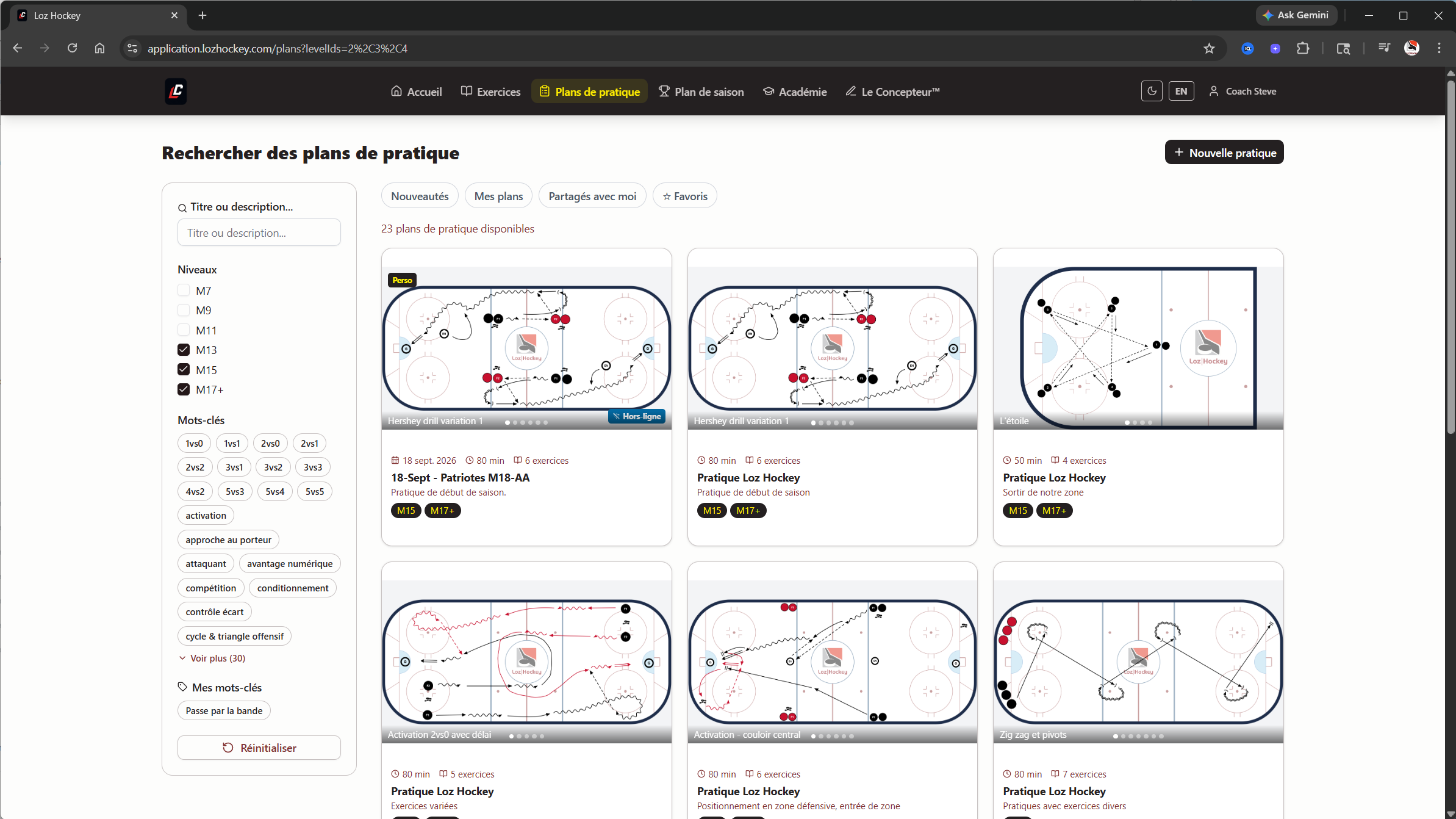 Planification de pratiques de hockey mineur — vue plan