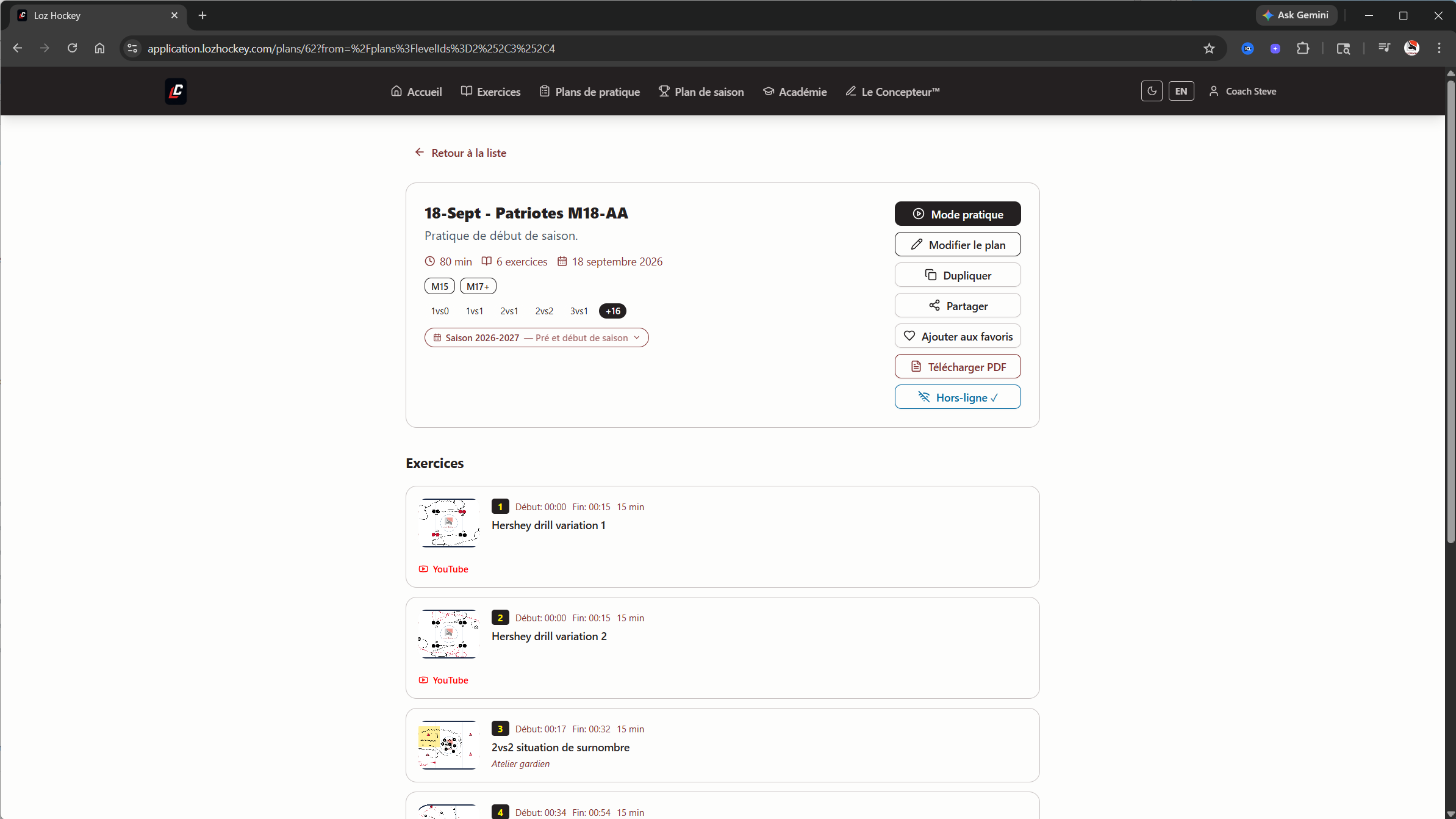 Planification de pratiques de hockey mineur — détail des exercices