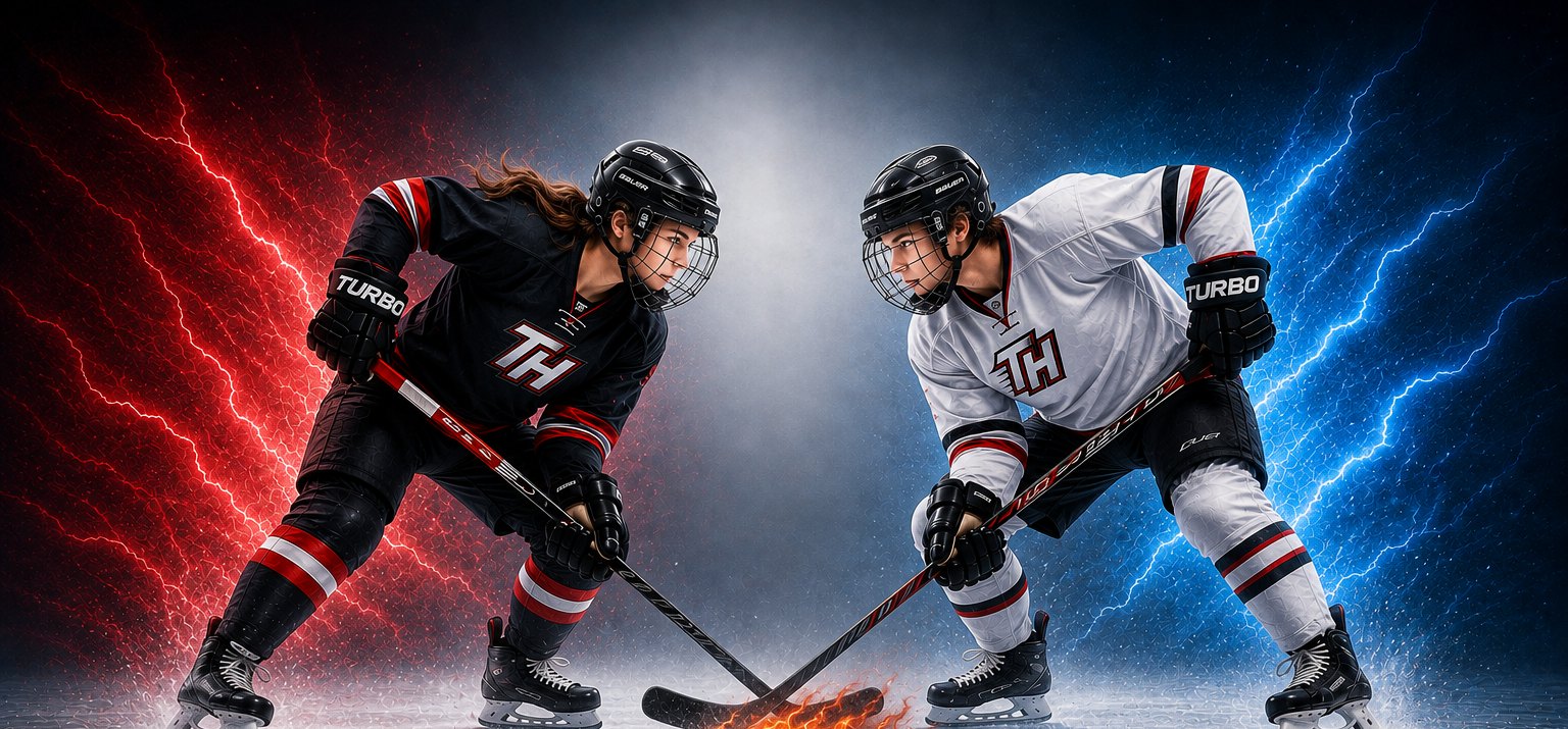 Deux jeunes joueurs de hockey face à face à la mise au jeu, bâtons croisés sur la glace