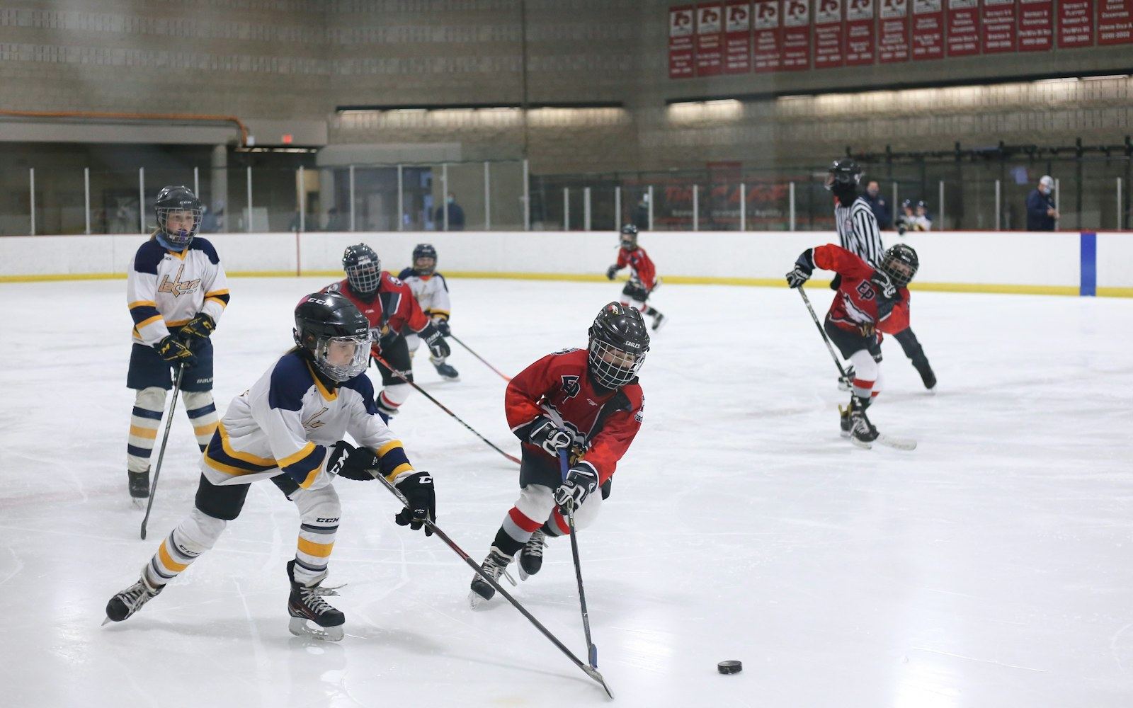 Entraîneur de hockey mineur qui donne ses consignes à son équipe sur la patinoire