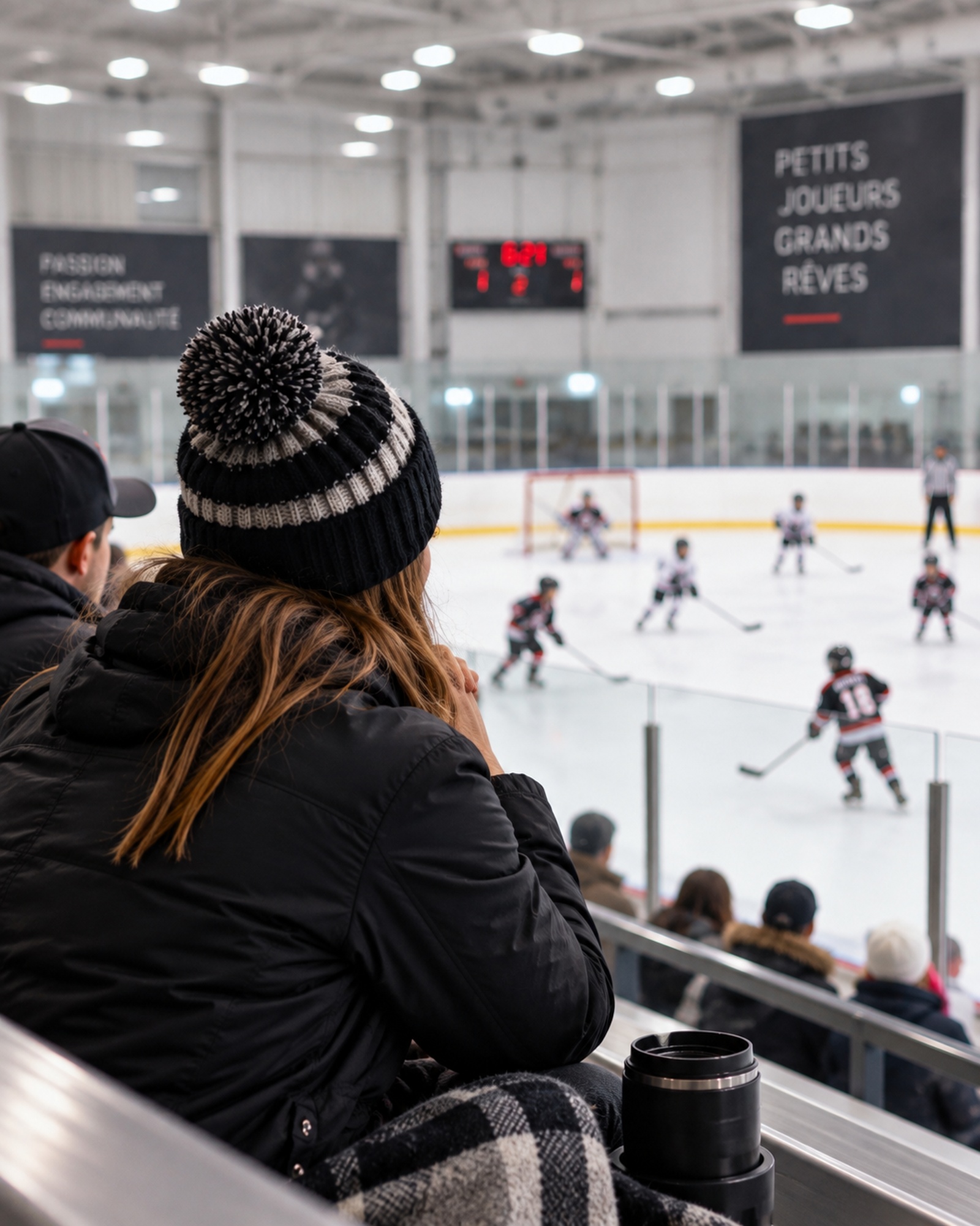 Partie de hockey sur une patinoire extérieure par une belle journée d'hiver